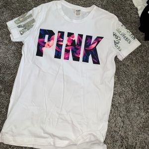 PINK tee with silver sequins on the sleeves